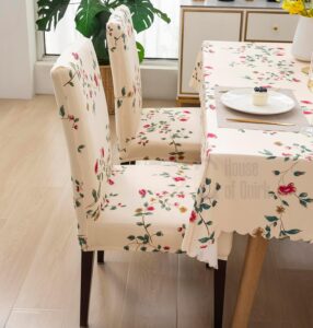 House of Quirk Polyvinyl Chloride (PVC) Dining Chair Cover With Rectangular Table Covers For Kitchen Waterproof Dining Table Cloth (Beige Tulip, 1 Rectangular Table Cover + 6 Chair Cover) - Image 5