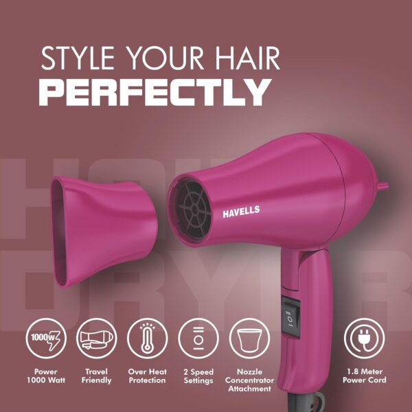 Havells 1000 Watt Foldable Hair Dryer; 2 Heat Settings (Hot/Warm), Heat Balance Technology | Purple | Your Perfect Blow Dry Companion For Effortless Hair Styling | Hd1810 - Image 4