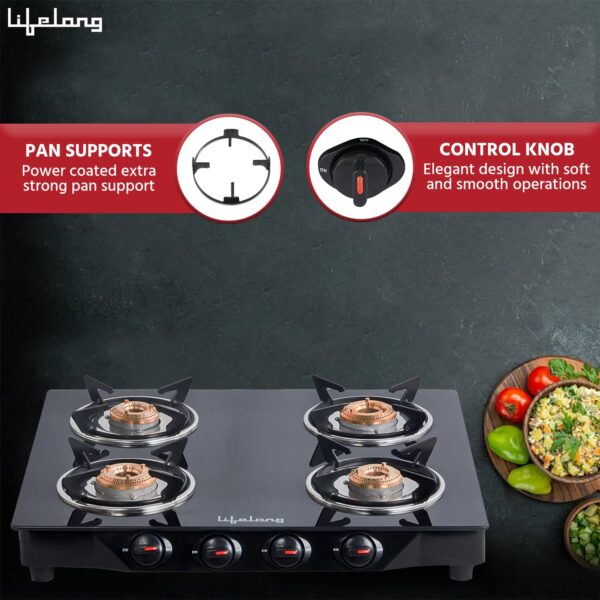 Lifelong Glass Top Gas Stove, 4 Burner Gas Stove, Black (ISI Certified,1 year warranty with Doorstep Service) - Image 4