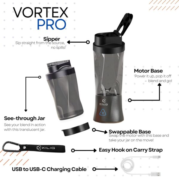 Kilig Vortex Pro 360W Dual Mode Portable Blender for Smoothie and Juices, 6000 mAh Battery, 2in1 700ml Jar, 22000RPM, 6 Sided Blade, USB Type C, Juicer, Mixer, Blender Machine for Kitchen - BL - Image 3