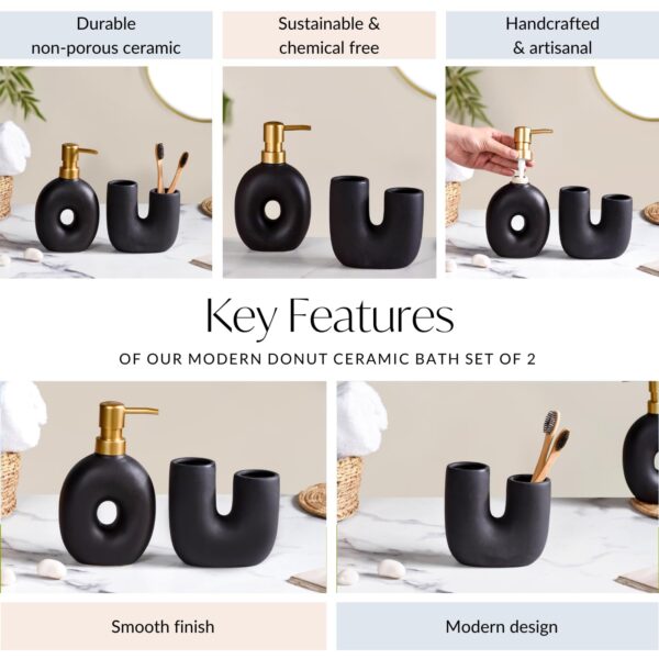 Nestasia Modern Donut Ceramic Bath Set of 2 - Matte Black Soap Dispenser & Toothbrush Holder | Sleek Bathroom Accessories - Image 5