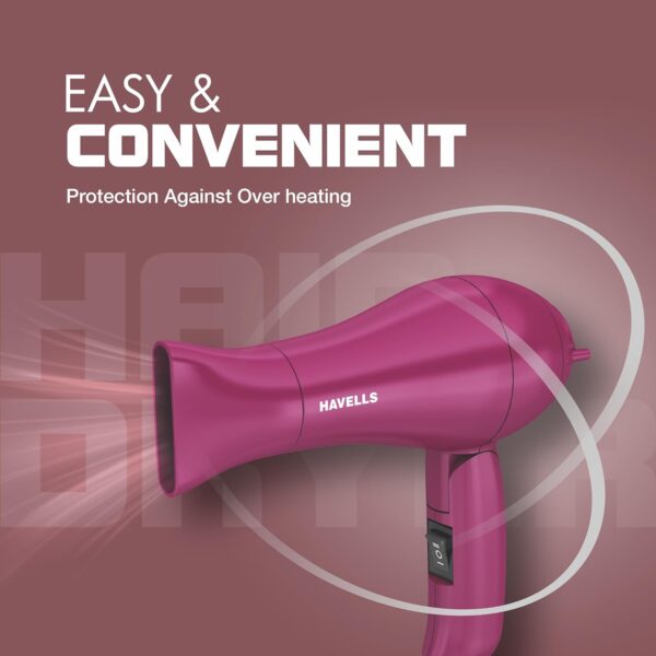 Havells 1000 Watt Foldable Hair Dryer; 2 Heat Settings (Hot/Warm), Heat Balance Technology | Purple | Your Perfect Blow Dry Companion For Effortless Hair Styling | Hd1810 - Image 5