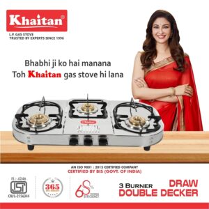 Khaitan 3 Burner Double Decker Pro (with Jumbo Brass burner) Stainless Steel | ISI CERTIFIED | Manual Gas Stove (3 Burners) - Image 3