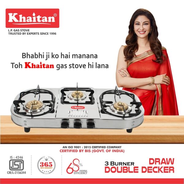 Khaitan 3 Burner Double Decker Pro (with Jumbo Brass burner) Stainless Steel | ISI CERTIFIED | Manual Gas Stove (3 Burners) - Image 3