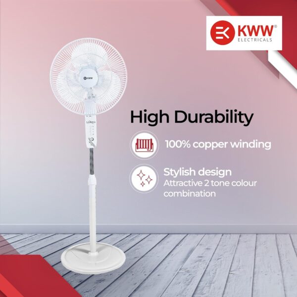 KWW Manza 400mm Pedestal Fan | 100% Copper Winding | Noise and Vibration Free | 3-Speed Control | Jerk Free Oscillation | 2-Yr Warranty (White) - Image 4