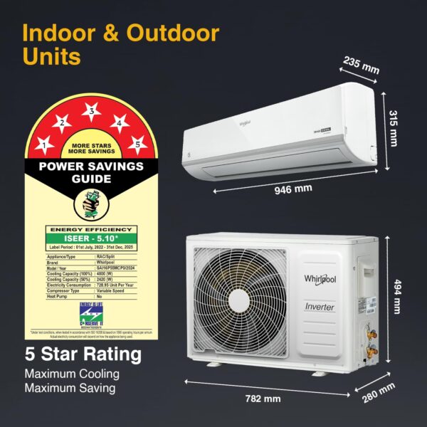 Whirlpool 1.5 Ton 5 Star, Magicool Inverter Split AC (MAGICOOL 15T 5S INV CNV S5K2PP0, Copper, Convertible 4-in-1 Cooling Mode, HD Filter White) - Image 5