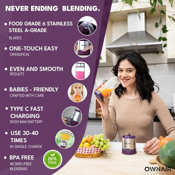 OWNAIR Portable Blender For Smoothie & Juices, Portable Juicer mixer grinder, baby food blender, Type C, 5000 mah battery, Smoothie maker blender, 450ml, Stainless Steel, 240 Watts, Grey - Image 3