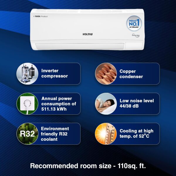 Voltas 1 ton 5 Star, Inverter Split AC (Copper, 4-in-1 Adjustable Mode, Anti-dust Filter, 125V Vectra CAW, White) - Image 3