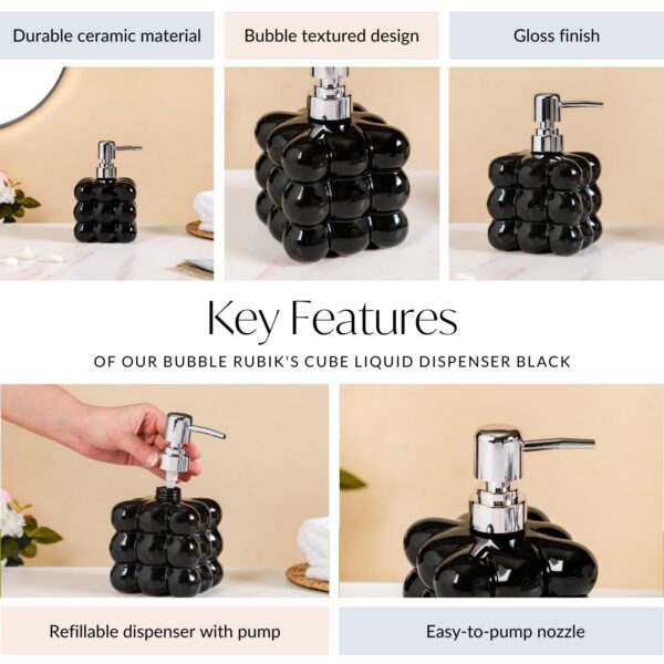 Nestasia Bubble Shaped Ceramic Soap Dispenser Pump for Bathroom | Liquid Handwash Bottle for Kitchen | Bath Dispenser for Wash Basin | Bathroom Accessories | 520ml (Black) - Image 6