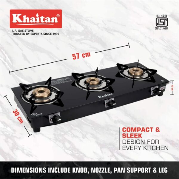 Khaitan 3 Burner BP Jio Black Toughened Glass | LPG Cooktop I Manual Ignition Stove| Ergonomic Knob|with 1 Year Warranty | Pan India Service| LP Gas Stove | ISI Approved (Black) (3 Burner) - Image 5