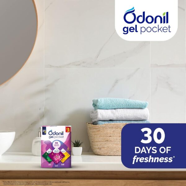 Odonil Gel Pocket Mix - 30g (Assorted pack of 3 new fragrances) | Infused with Essential Oils | Germ Protection |Long Lasting | Lasts Up to 30 days | Air Freshener for Bathroom, Toilet, Home & Office - Image 6