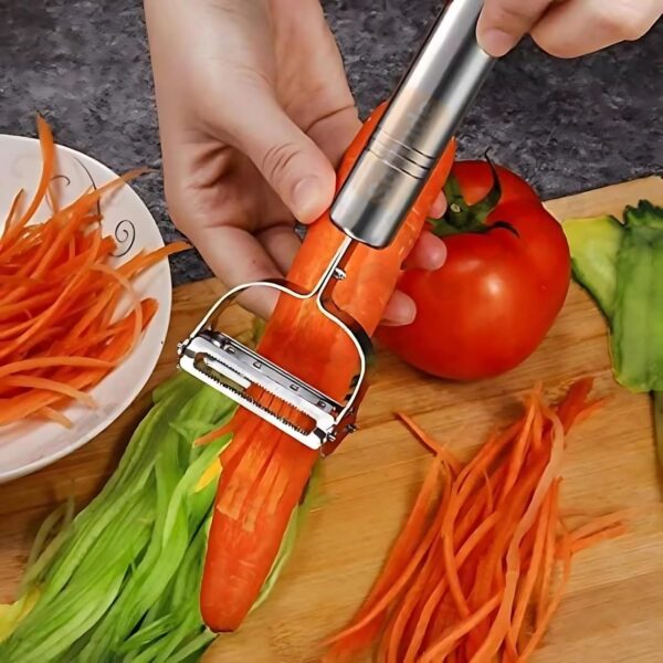 Vivatra Dual 2-in-1 Peeler and Slicer for Vegetables and Fruits with Julienne and Serrated Blades, Stainless Steel Kitchen Tool - Image 4