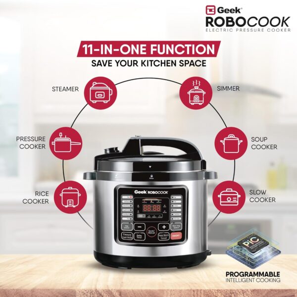 Geek Robocook Nuvo 11-in-1 Automatic Electric Pressure Cooker 8 Litre | 2 Year Warranty | 17 India Preset Menu, Instant Electric Cooker Pot, Multipurpose Electric Rice Cooker (Stainless Steel, 8L) - Image 3