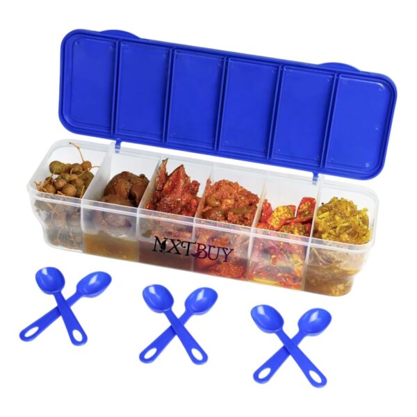 NXTBUY Multipurpose 6-in-1 Masala Box for Kitchen| Airtight BPA-Free Plastic 6 Section Storage Container with 6 Spoons, 1800 ml Transparent Pickle Box for Spices| Dry Fruits, Snacks Pack Of 1 (Blue) - Image 4