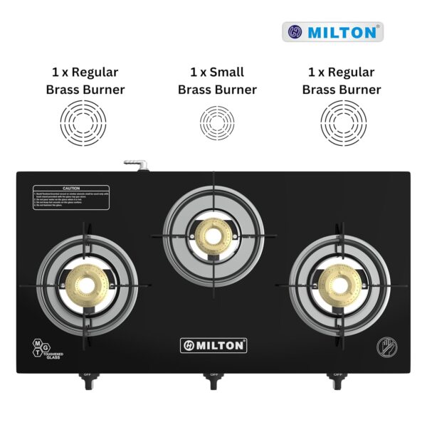 Milton Premium Pro 3 Burners Auto Ignition Gas Stove | ISI Certified | 6mm Toughened Glass Top | 360 Degree Nozzle | Heavy Duty Pan Support | Pure Brass Burners | 1 Year Manufacturer's Warranty -Black - Image 3