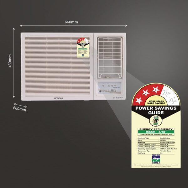 Hitachi 1.5 Ton Class 3 Star, Window Inverter AC (100% Copper, 100% cooling at 43 degree Celsius, RAW318HHEO, White) - Image 3