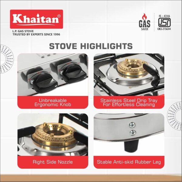 Khaitan 3 Burner Double Decker Pro (with Jumbo Brass burner) Stainless Steel | ISI CERTIFIED | Manual Gas Stove (3 Burners) - Image 5