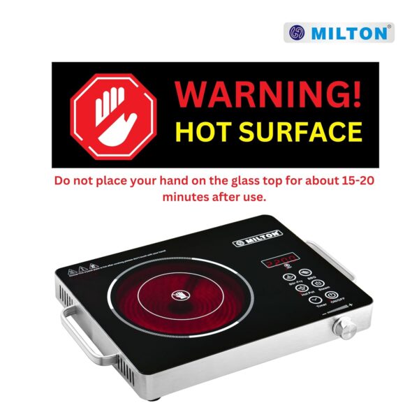 MILTON Classic 2200 Watt Infrared Cooktop with Crystal Glass & Touch Panel | 4 Pre set cooking Modes | Stir-fry | BBQ | Hot Pot | Steam | 60°C to 600°C | Digital time & Watt display - Classic SIlver - Image 7