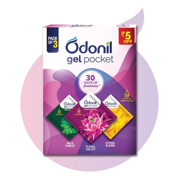 Odonil Gel Pocket Mix - 30g (Assorted pack of 3 new fragrances) | Infused with Essential Oils | Germ Protection |Long Lasting | Lasts Up to 30 days | Air Freshener for Bathroom, Toilet, Home & Office - Image 2