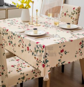 House of Quirk Polyvinyl Chloride (PVC) Dining Chair Cover With Rectangular Table Covers For Kitchen Waterproof Dining Table Cloth (Beige Tulip, 1 Rectangular Table Cover + 6 Chair Cover) - Image 8
