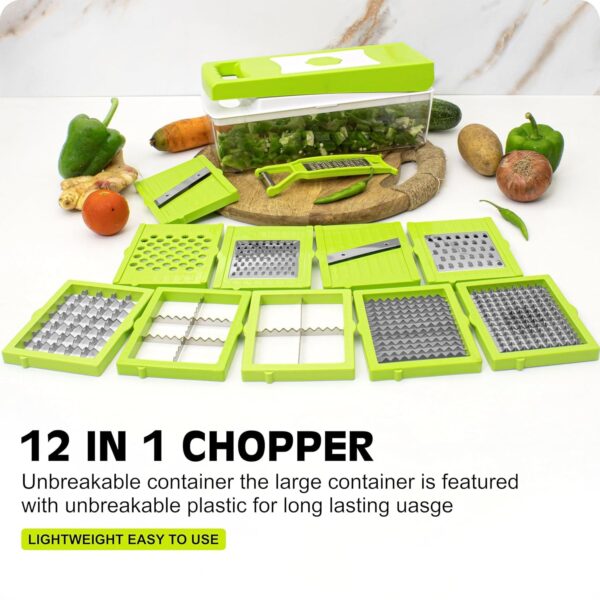 Tekcool 12 in 1 Multipurpose Chopper, Fruits & Vegetable Cutters, Grater Peeler Chipser, Unbreakable Food Grade Body, Easy Push to Clean Button Slicer Dicer, Chopper for Kitchen (Green, Plastic) - Image 4