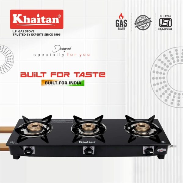 Khaitan 3 Burner BP Jio Black Toughened Glass | LPG Cooktop I Manual Ignition Stove| Ergonomic Knob|with 1 Year Warranty | Pan India Service| LP Gas Stove | ISI Approved (Black) (3 Burner) - Image 4