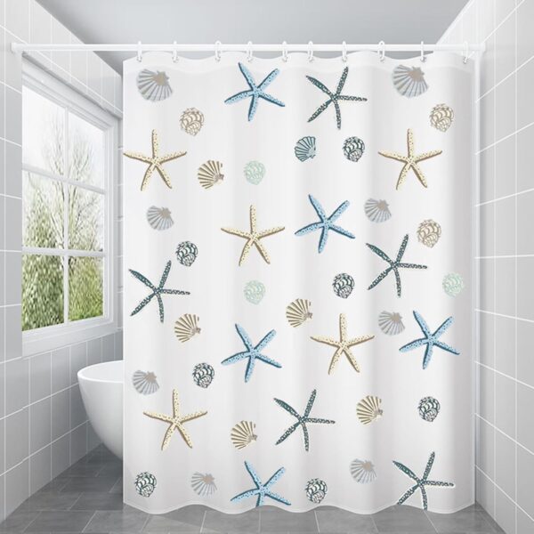 UMAI 7 Feet Peva Shower Opaque Curtain I Sea Shell Printed I 180 X 220Cm I 12 Pcs Hooks Included I Quick Dry I Waterproof I Easy-Slide Curtains I Bath Decor I Multicolour - Image 2