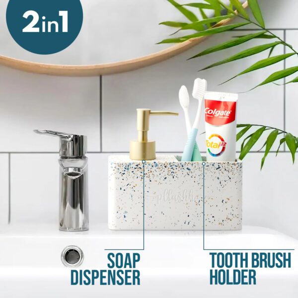 pllushh resin Liquid Soap Dispenser for Bathroom Set (Blue Terrazzo) - Dispenser Set for Bathroom Accessory, Soap Dispenser Holder for Bathroom Soap and Brush Holder Bathroom Organiser Set - Image 3