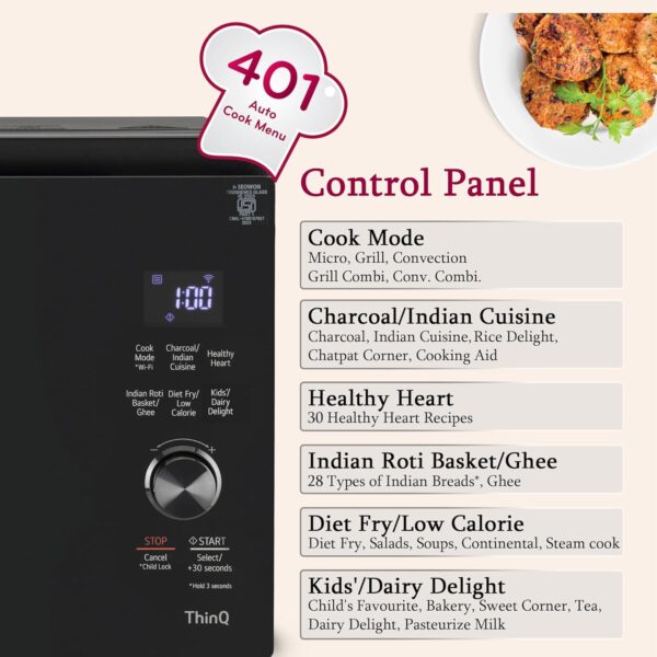 LG 32 L Scan to Cook Wi-Fi Enabled Charcoal Convection Healthy Microwave Oven (MJEN326UIW, Black - Regal Pattern, Heart Friendly Recipes, Pasteurized Milk, Ghee, Diet Fry & 360° Motorised Rotisserie) - Image 4