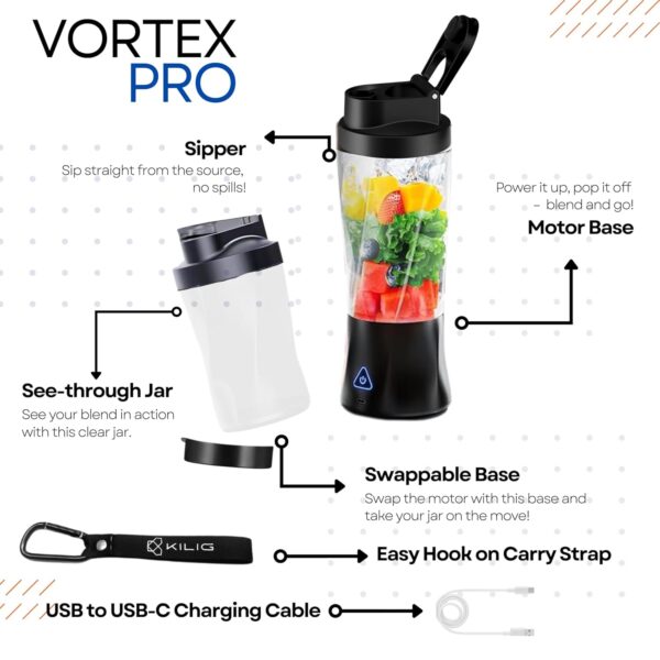 Kilig Vortex Pro 360W Dual Mode Portable Blender for Smoothie and Juices, 6000 mAh Battery, 2in1 700ml Jar, 22000RPM, 6 Sided Blade, USB Type C, Juicer, Mixer, Blender Machine for Kitchen - BT - Image 3