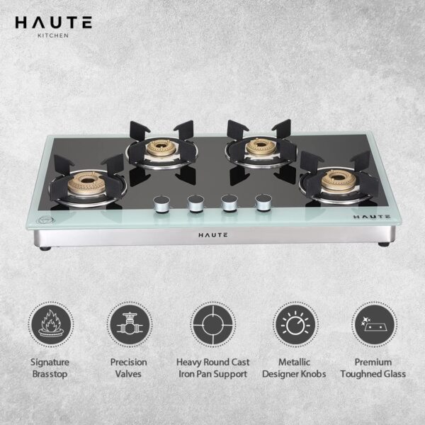 Haute Kitchen Haute Evoque Series 2.0 X Sabaf Black&White 4 Burner Manual Ignition Glass Gas Stove |8MM Atom Glass || Door Step Service | 5 years warranty on Burner, Glass, Valves By Haute Home - Image 3