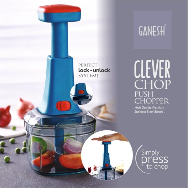 Ganesh Clever Chop Push Chopper Manual Hand Press Push Chopper with 3 Blades for Effortless Chopping Vegetables & Fruits-600ML, Multicolor - Image 5