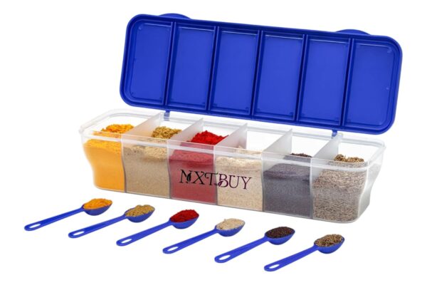 NXTBUY Multipurpose 6-in-1 Masala Box for Kitchen| Airtight BPA-Free Plastic 6 Section Storage Container with 6 Spoons, 1800 ml Transparent Pickle Box for Spices| Dry Fruits, Snacks Pack Of 1 (Blue) - Image 2