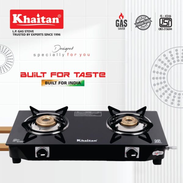 Khaitan 2 Burner Nano Black Toughened Glass | LPG Cooktop I Manual Ignition Stove| Ergonomic Knob | with 1 Year Warranty | Pan India Service | LP Gas Stove | ISI Approved (Black) (2 Burner) - Image 4