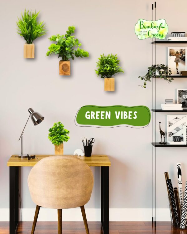 Bombay Greens Wooden Wall Planter| Mini Square Wall Planter for Indoor Plant | Wall Décor Planter for Living Room, Kitchen, Office, Home – Set of 4 with Artificial Plants and Double Sided Tape - Image 9