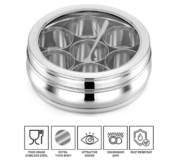 ATROCK Masala Dabba | Masala Box Stainless Steel For Kitchen | Masala Dani | Spice Storage Container (Glass Lid, 1200Ml), Silver - Image 6