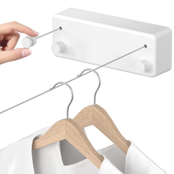 Retractable Cloth line for Drying Clothes Indoor,Heavy Duty Double Cloth Drying Rope for Balcony,Wall Mounted Cloth Drying Stand Laundry Clothesline Adjustable Washing Line 13.8 Ft Wire-White,Pack of 1 - Image 3