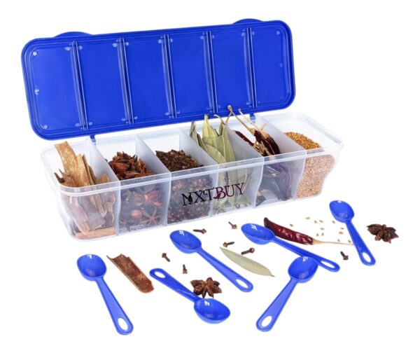 NXTBUY Multipurpose 6-in-1 Masala Box for Kitchen| Airtight BPA-Free Plastic 6 Section Storage Container with 6 Spoons, 1800 ml Transparent Pickle Box for Spices| Dry Fruits, Snacks Pack Of 1 (Blue) - Image 3