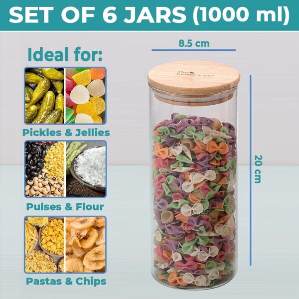 The Better Home Borosilicate Glass Jars with Bamboo Lid I 1000ml Each-Pack of 6 | Transparent Airtight Borosilicate Kitchen Containers Set | Glass Jars for Cookies Snacks Pulses Dry Fruits Nuts | - Image 3