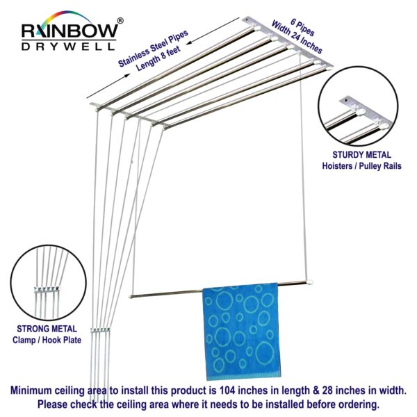 Rainbow Drywell Heavy Duty Stainless Steel Luxury(6 Pipes X 8 Feet)UV Protected Nylon Ropes Individual dropdown Ceiling Cloth Dryer/Cloth Hanger/Cloth Drying Stand for Balcony/Clothes Stand for Drying - Image 5