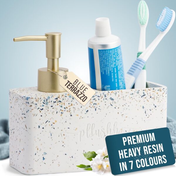 pllushh resin Liquid Soap Dispenser for Bathroom Set (Blue Terrazzo) - Dispenser Set for Bathroom Accessory, Soap Dispenser Holder for Bathroom Soap and Brush Holder Bathroom Organiser Set - Image 2