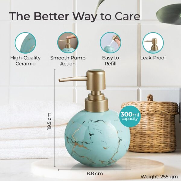 The Better Home 300ml Soap Dispenser for wash Basin - Light Blue | Round | Ceramic | Kitchen Accessories Items for Home - Image 3