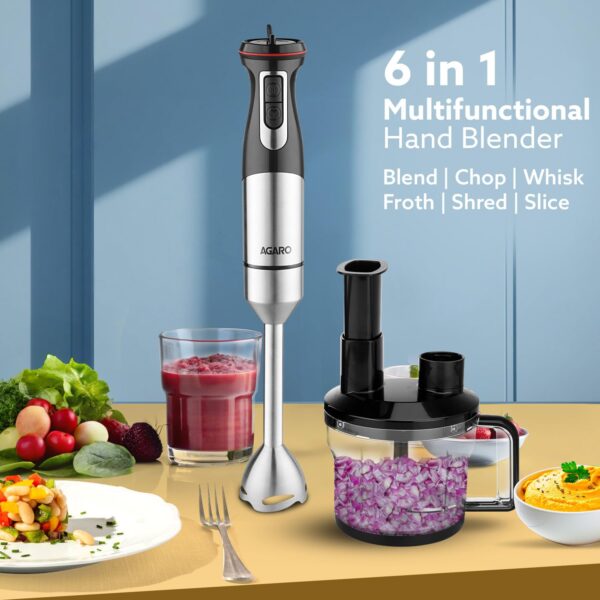 AGARO Grand Plus 6 in 1 Hand Blender 1000W, 100% Copper Motor, 2 Variable Speed Modes & Speed Regulator, Stainless Steel Blades, Chopper,Whisker,Multipurpose Jar, frother, slicer, shredder, Black - Image 3