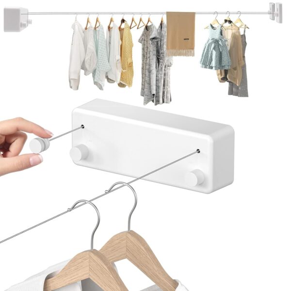 Retractable Cloth line for Drying Clothes Indoor,Heavy Duty Double Cloth Drying Rope for Balcony,Wall Mounted Cloth Drying Stand Laundry Clothesline Adjustable Washing Line 13.8 Ft Wire-White,Pack of 1 - Image 2