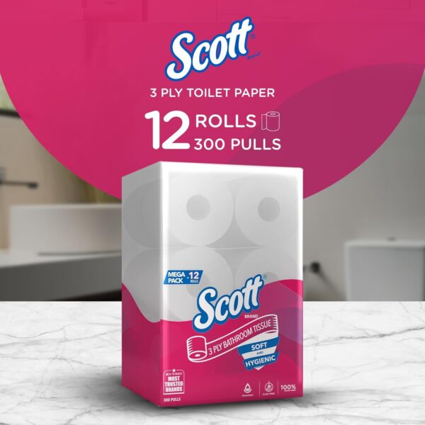 Scott 21227 3 ply Toilet Paper Tissue Roll, 12 Rolls, 300 Pulls/Roll (Total 3,600 Sheets) - Image 3