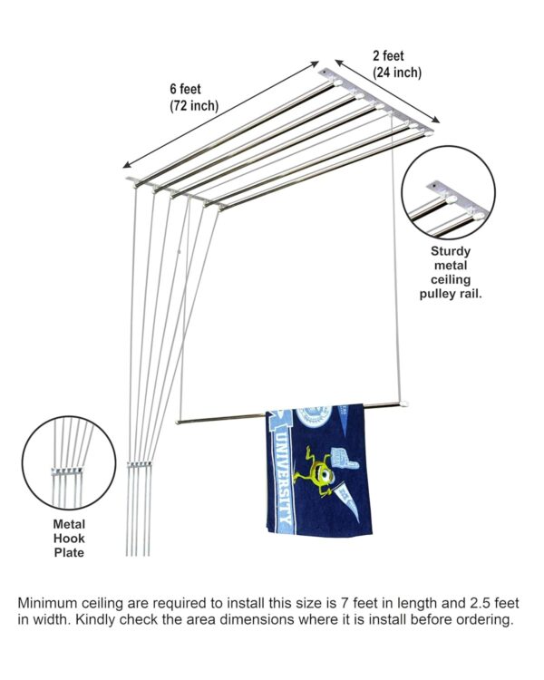 homWell Stainless Steel Heavy Duty (6 Pipe X 6 Feet) UV Protected Nylon Ropes Individual dropdown Ceiling Cloth Dryer/Cloth Hanger/Cloth Drying Stand for Balcony/Clothes Stand for Drying - Image 3