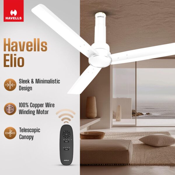 Havells 1200mm Elio BLDC Ceiling Fan | Remote Controlled, High Air Delivery Fan | 5 Star Rated, Upto 60% Energy Saving, 2+1* Year Warranty | (Pack of 1, Elegant White) - Image 3