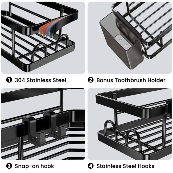 PKBD Corner Shower Caddy 3 Pack,Bathroom Storage No Drilling,shower storage with Soap Holder&Hooks&Toothpaste Holders,Bathroom or Kitchen,Rustproof Stainless Steel suction bathroom accessories,Black - Image 5