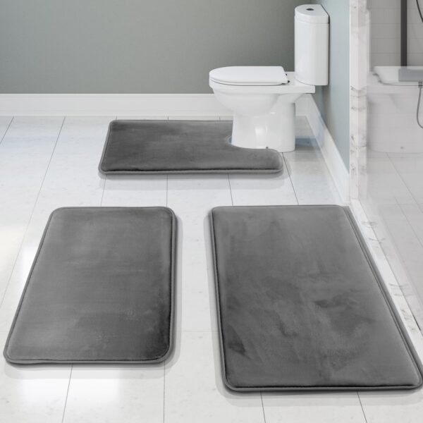 Hopopro 3 Piece Bathroom Rugs Bath Mat Set, Velvet Memory Foam Bath Mats for Bathroom - Non-Slip, PVC Backing Bath Rugs, Washable Bathroom Rug Mats -Grey Bathroom Rug Set - Image 2