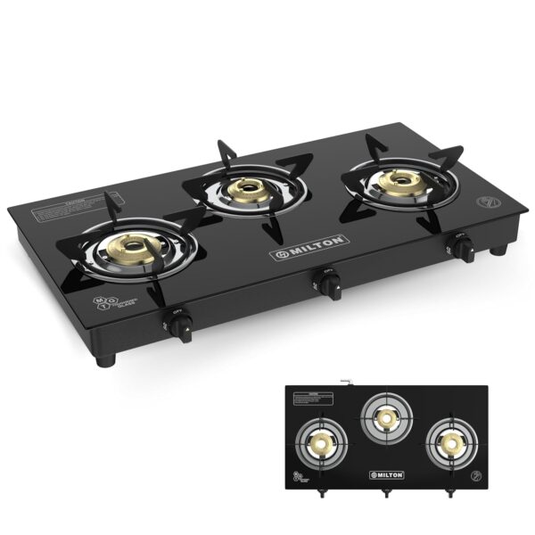 Milton Premium Pro 3 Burners Auto Ignition Gas Stove | ISI Certified | 6mm Toughened Glass Top | 360 Degree Nozzle | Heavy Duty Pan Support | Pure Brass Burners | 1 Year Manufacturer's Warranty -Black - Image 2